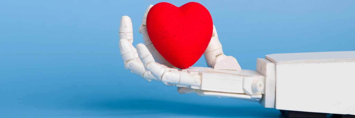 A white robot arm holding a red heart on a blue background