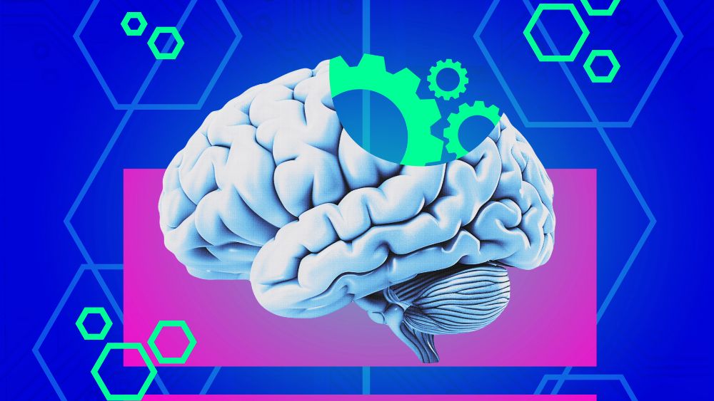 Collaged image of a human brain and cogs, representing people learning AI and digital skills