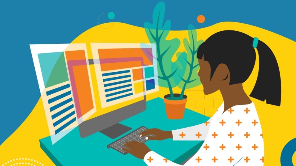 A colourful illustration of a woman working at a desktop computer