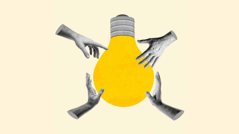 Four hands reaching towards one large lightbulb, representing the four types of digital culture